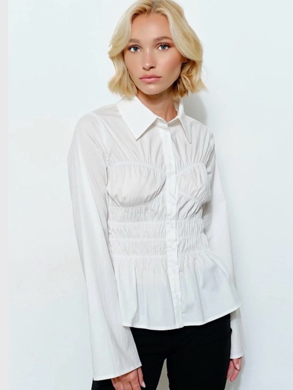 White Smocked Button Front Blouse NWT | Pretty Garbage | Size S
